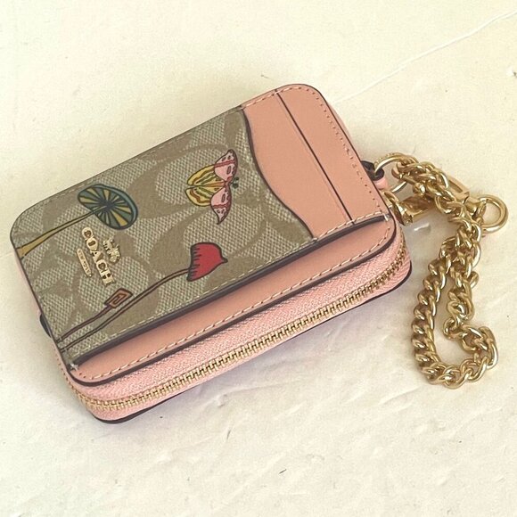 Coach Observed By Us Zip Card Case Signature Canvas Leather Khaki CU403 Pink - Picture 4 of 7